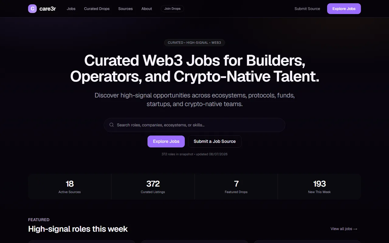 care3r homepage: curated Web3 jobs for builders, operators, and crypto-native talent