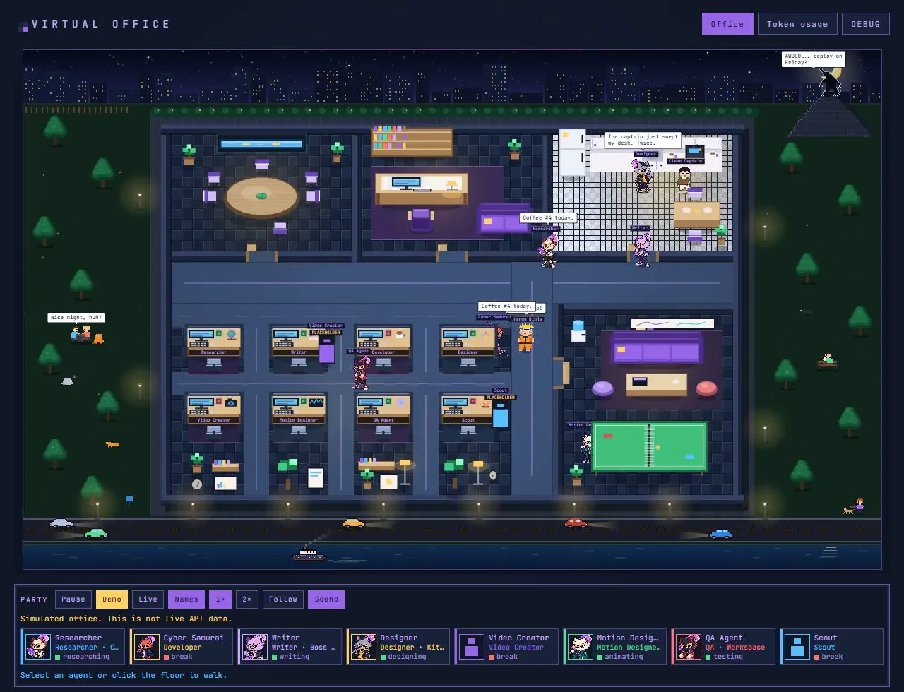 virtual-office: pixel-art office with AI agents at their desks